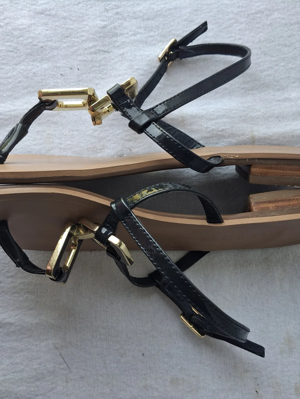 Talbots Black Patent Leather T-Strap Sandals with Gold Accents
